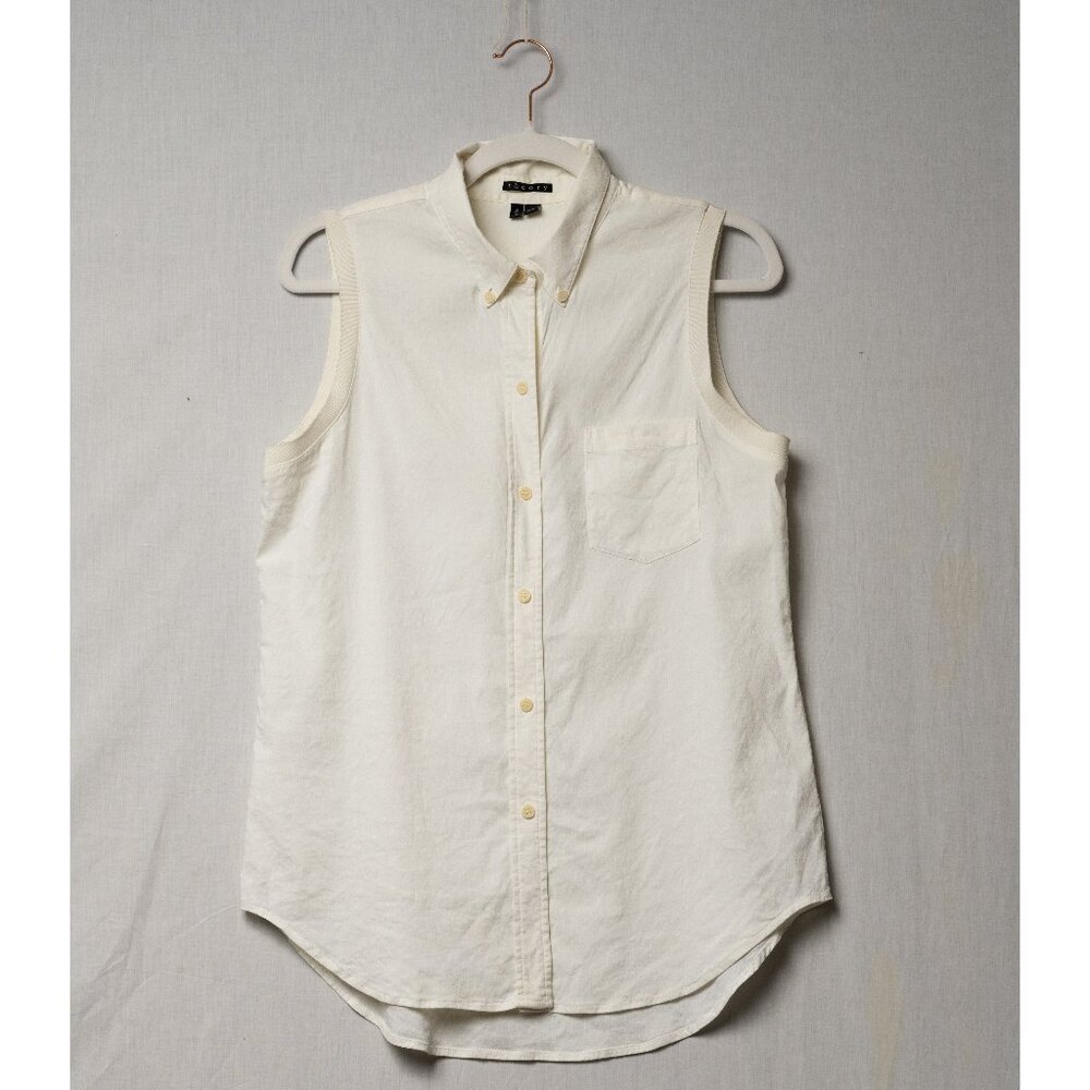 Theory Off-White Linen Blend Button-Down Tank Top Size Medium M
